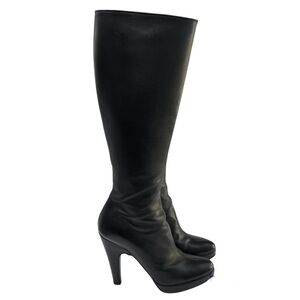 PRADA Black Smooth Leather Knee High Platform Heeled Boots Size 37.5